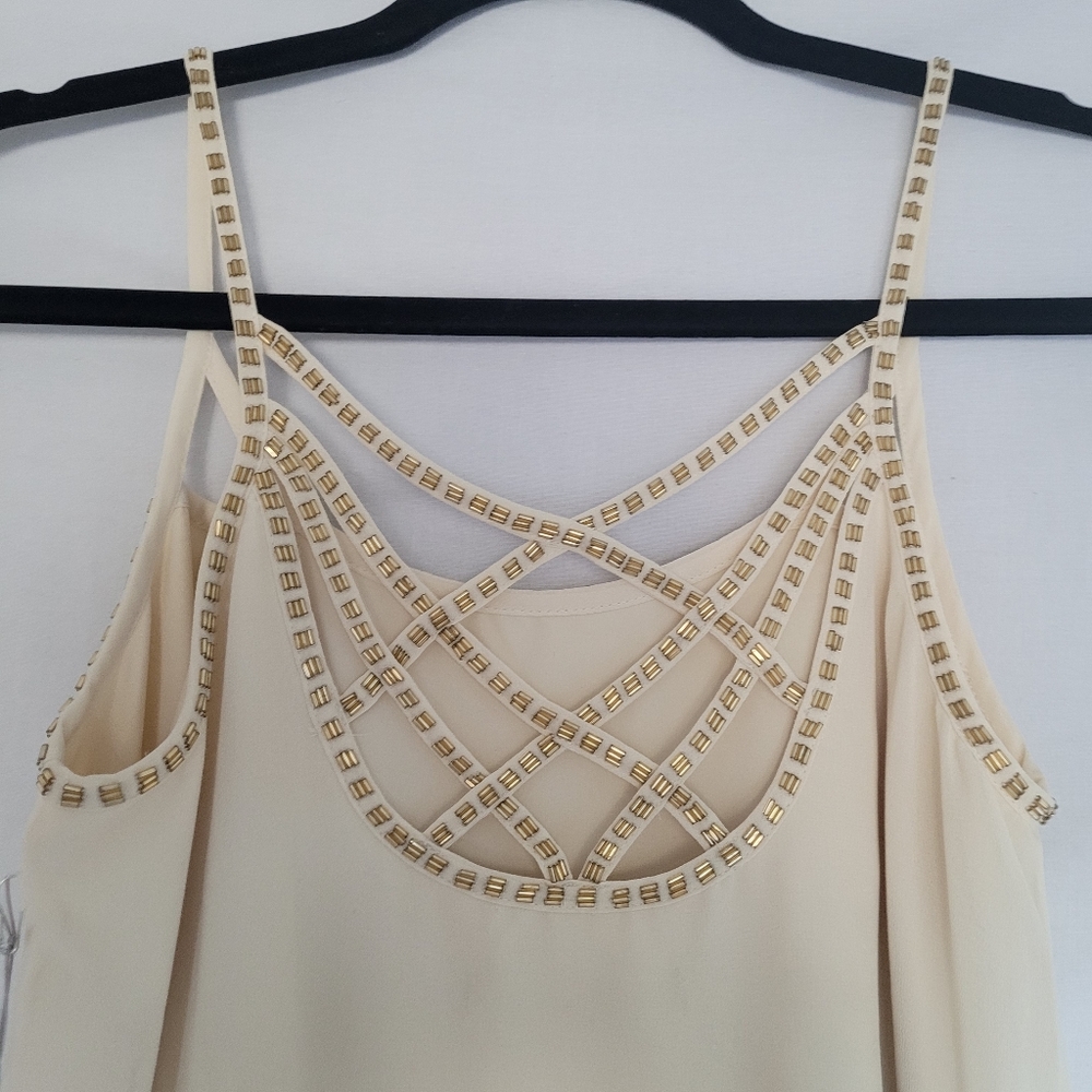 Cream White Small Flowy Short Summer Lined Dress Beaded Gold